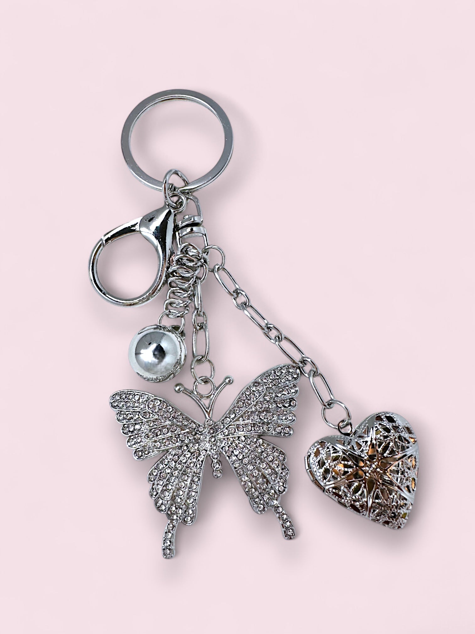Silver Butterfly & Heart Charm Keychain